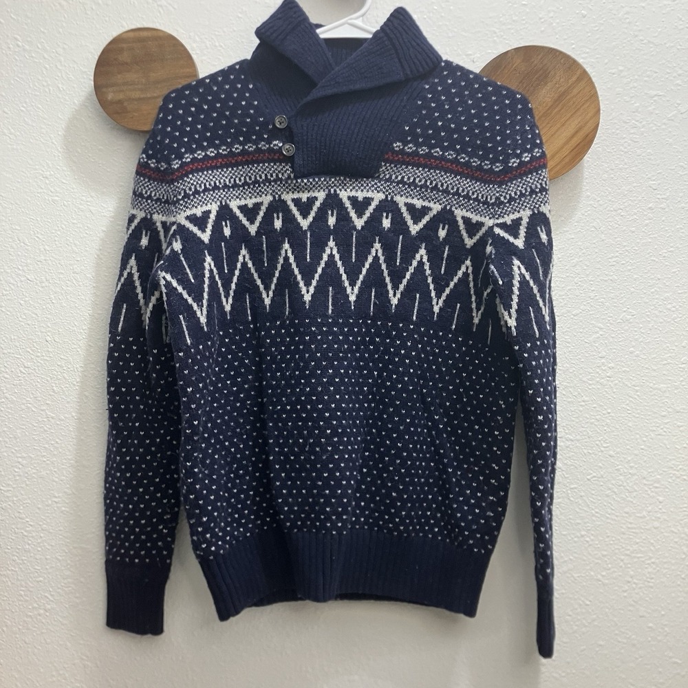 GAP Lambswool Navy Blue Fair Isle‎ Collared Men's Sweater Size Small Preppy